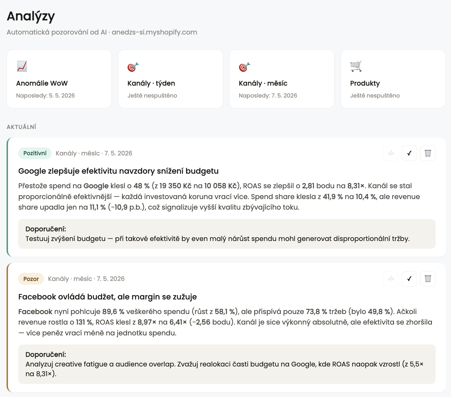 Náhled AI insights — týdenní analýza výkonu